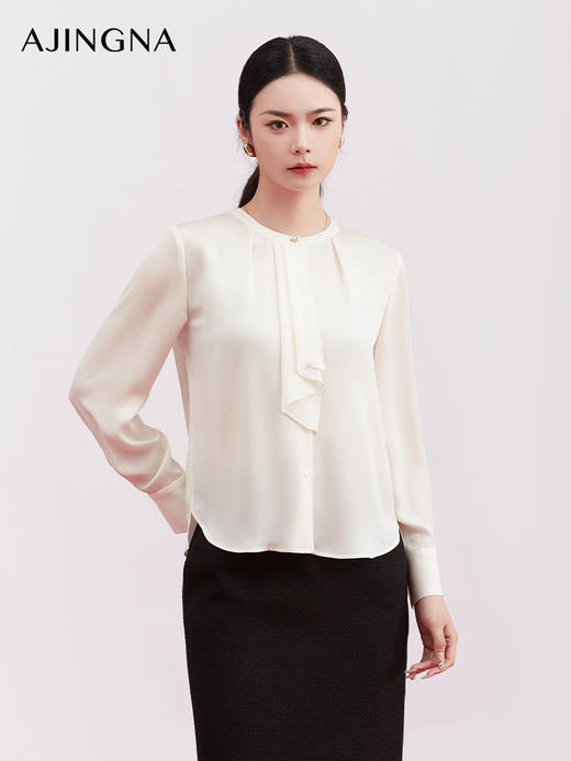 【商场同款】阿菁娜春季新款飘带衫不对称荷叶边珍珠扣点缀精致灵动柔美A31C109013 商品图1