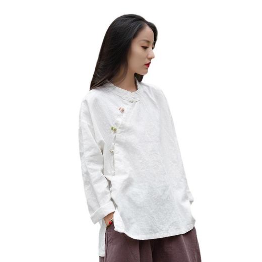 春夏新款新中式棉麻衬衫 立领偏襟拼色砂洗盘扣上衣衬衫 商品图4