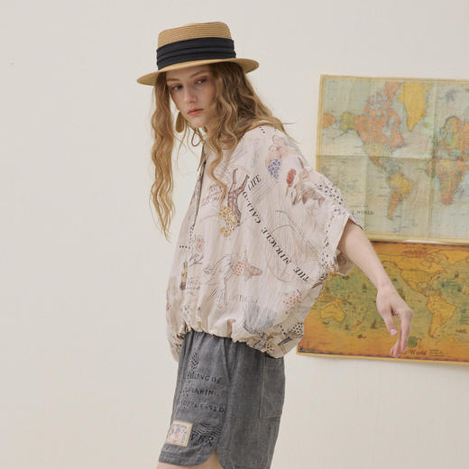 谜底印花衬衣分袖2026夏季新品宽松随性下摆抽绳衬衫女262MC0619 商品图1