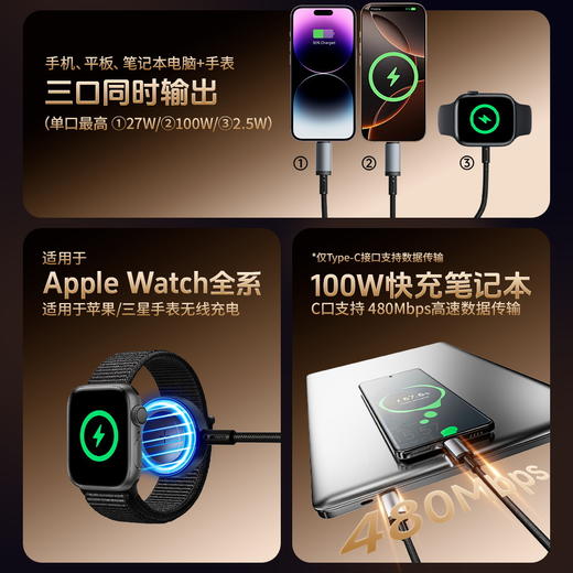 「支持充手表！二拖三」倍魔二拖三快充数据线PD100W磁吸无线充适用苹果手机笔记本iWatch数码配件 商品图1