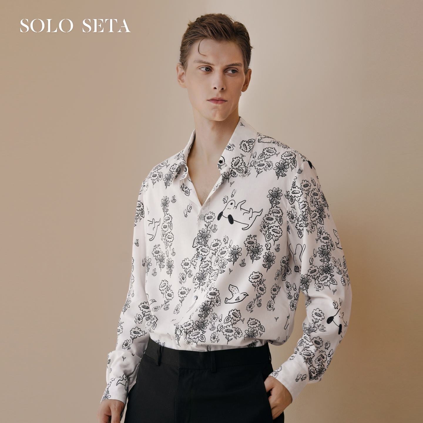 Solo seta男士真丝黑白印花衬衫桑蚕丝斜纹绸可外穿睡衣上装春夏