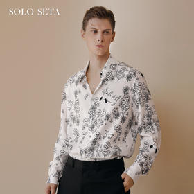 Solo seta男士真丝黑白印花衬衫桑蚕丝斜纹绸可外穿睡衣上装春夏