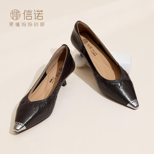 轻熟风金属小方头浅口单鞋女中跟漆皮尖头通勤鞋不累脚X6C097-53 商品图0