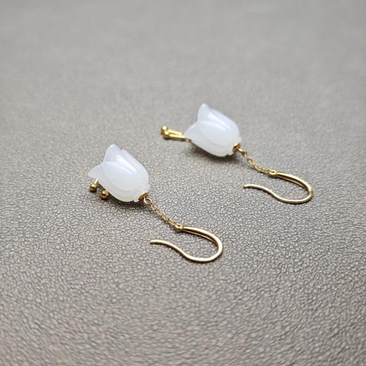 新疆和田玉且末料羊脂玉18K镶嵌风铃花包金耳环 312-7 商品图3