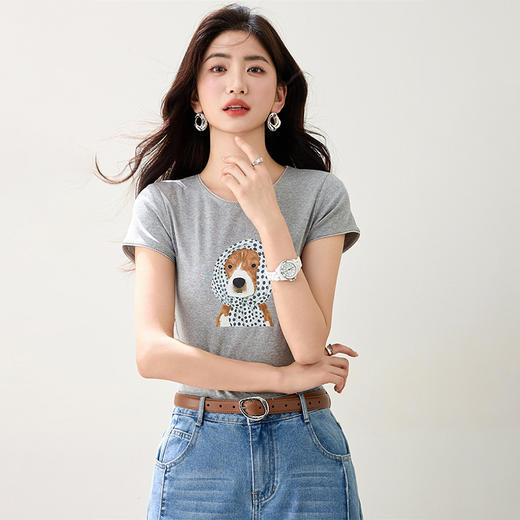 西遇圆领宽松灰色短袖T恤女2026年夏季新款撞色小狗印花休闲上衣SS060228 商品图2