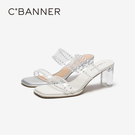 【上新】千百度透明钻石镶边一字拖女2026夏季新款法式粗凉拖鞋A26377887 商品图0