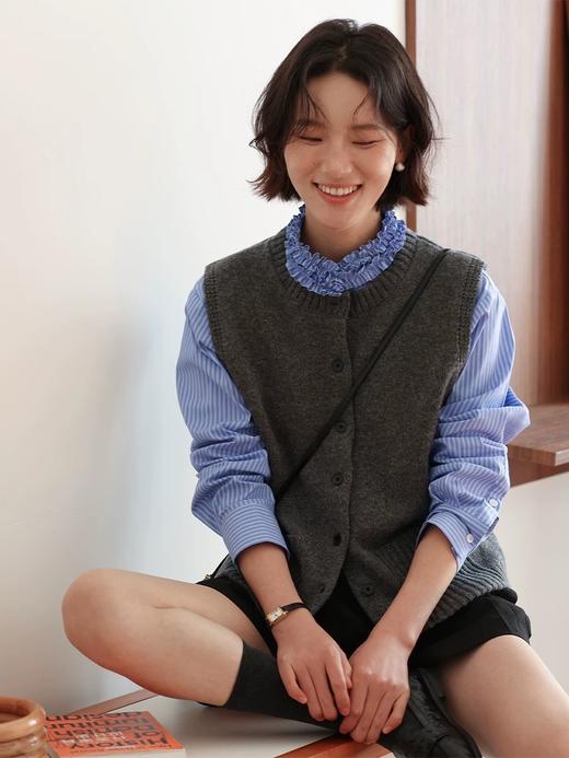 老米优品🎈一眼沦陷的春日温柔感💙《蓝色条纹立领木耳边法式衬衫》小立领很强izhi，65%棉，轻柔有垂感~ 商品图4