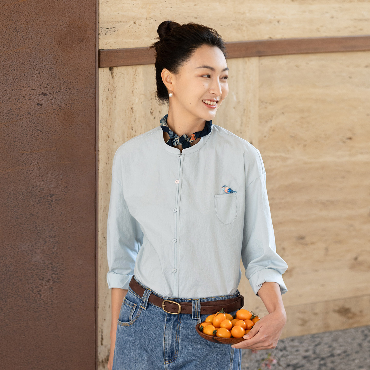 牧衣游原创 手工刺绣60支纯棉净色衬衫新款通勤简约百搭衬衣 皎月