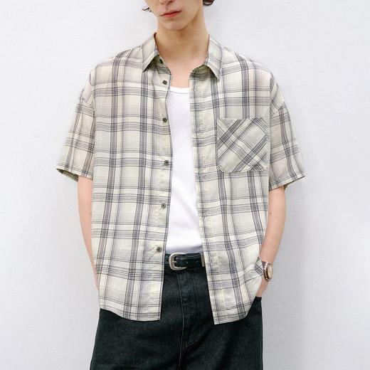 714street轻薄亲肤莱赛尔天丝格子衬衫男款 2026夏季休闲短袖衬衣 商品图0