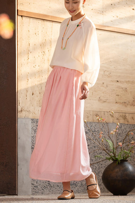 牧衣游原创 100支纯棉半身裙新款宽松百搭轻薄松紧腰A字半裙 冬白 商品图5