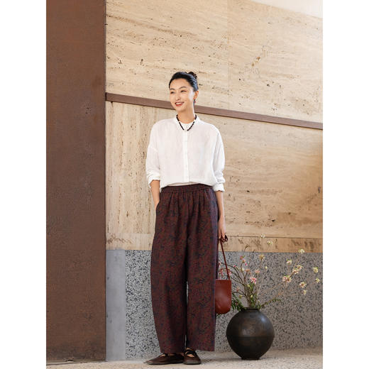 牧衣游原创 60支提花棉休闲长裤新款质朴复古肌理感阔腿裤 墨香 商品图2