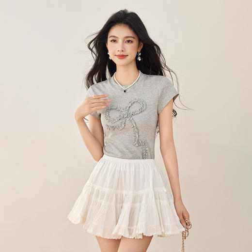 西遇灰色短袖T恤女2026年夏季新款蝴蝶结圆领修身正肩休闲上衣SS060226 商品图0