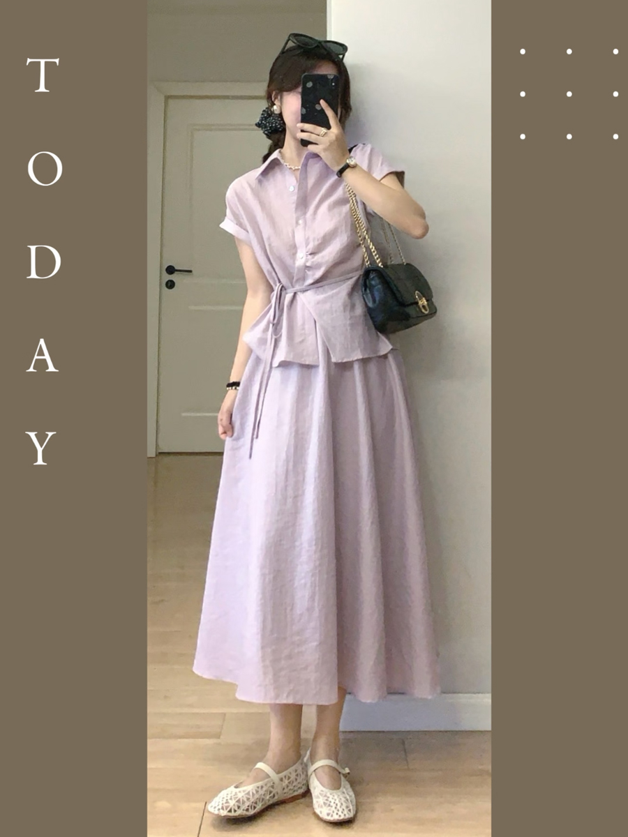 【百图lulu定制】【预售4月17日发】【黛紫套装】细带收腰衬衫 A字半裙 弹力橡筋套装