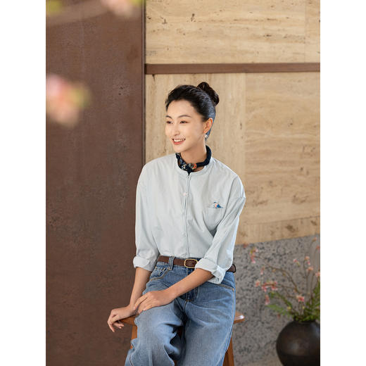 牧衣游原创 手工刺绣60支纯棉净色衬衫新款通勤简约百搭衬衣 皎月 商品图3