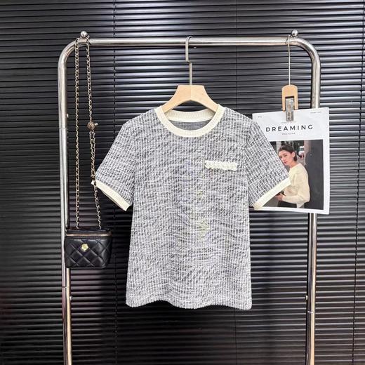 F0316108夏季新款法式小香风肌理感浮雕钉珠拼色圆领短袖T恤 商品图4