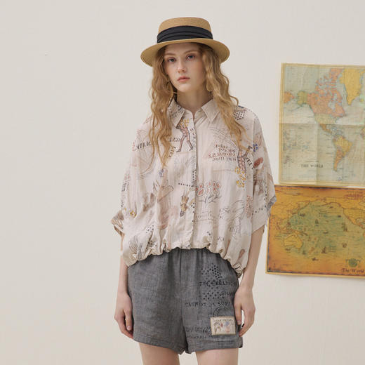 谜底印花衬衣分袖2026夏季新品宽松随性下摆抽绳衬衫女262MC0619 商品图0