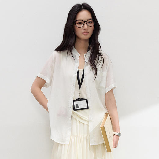 【15天内发出】春夏天丝亚麻短袖衬衫 简约百搭纽扣衬衣 高级感韩系休闲气质上衣 商品图3