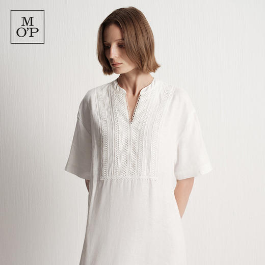 Marc O'Polo夏季新款好看气质白色V领蕾丝拼接亚麻短袖连衣裙女 商品图3