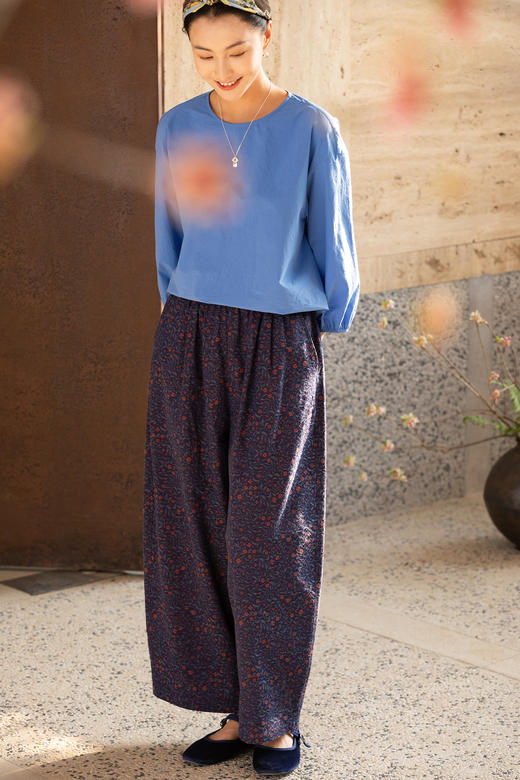 牧衣游原创 60支提花棉休闲长裤新款质朴复古肌理感阔腿裤 墨香 商品图5