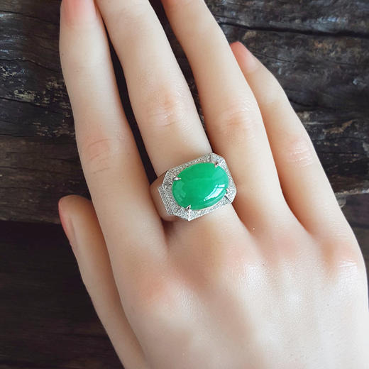 【天然正品】AU750收藏级白金镶钻镶天然细腻满绿糯冰种蛋面翡翠戒指20号（戒圈可改）280226HSD54 商品图6