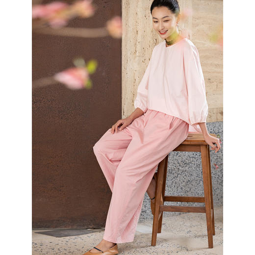 牧衣游原创 净色纯棉休闲长裤新款宽松百搭舒适松紧腰裤子 春意蓝 商品图3