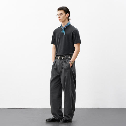 714street夏季老钱针织上衣合身正肩天丝美丽诺羊毛混纺短袖T恤男 商品图3