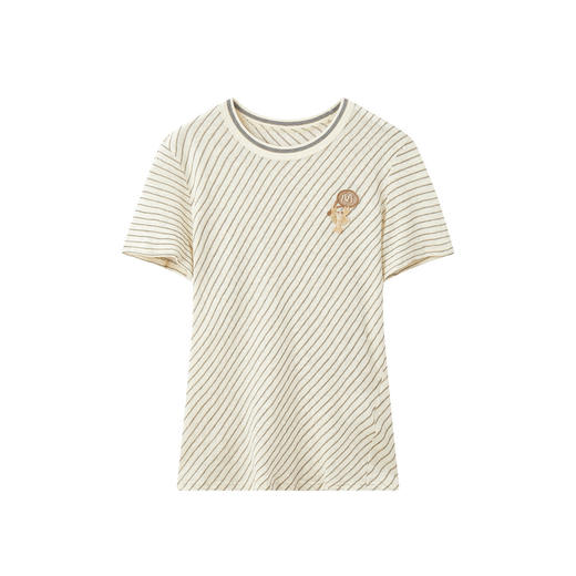 谜底斜条纹T恤短袖2026夏季新品棉麻质感趣味刺绣修身女262MT0614 商品图4