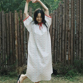 全棉双层纱~法式复古小樱桃纯棉睡裙/长袖套装春夏季女士睡衣女可外穿大码全棉家居服月子服