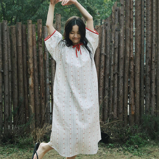 全棉双层纱~法式复古小樱桃纯棉睡裙/长袖套装春夏季女士睡衣女可外穿大码全棉家居服月子服 商品图0