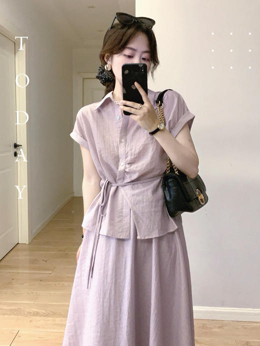 【百图lulu定制】【预售4月17日发】【黛紫套装】细带收腰衬衫 A字半裙 弹力橡筋套装 商品图3