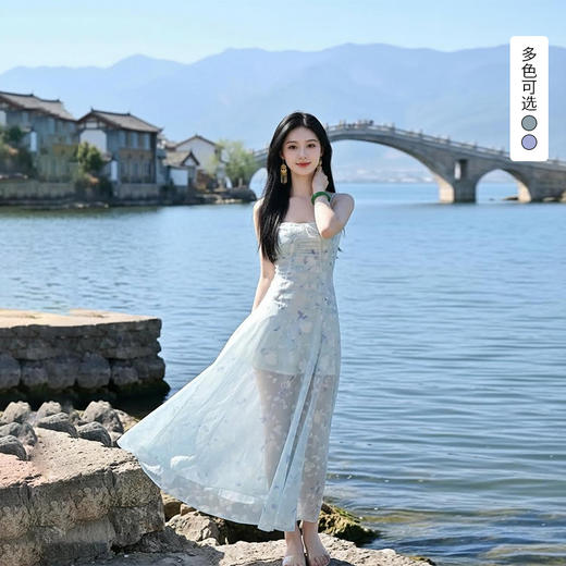 西遇度假风吊带连衣裙女2026年夏季新款印花收腰薄纱长裙仙女裙SS060221 商品图0