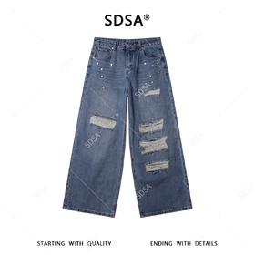 SDSA男装2026新款高贵轻奢美式复古破洞铆钉阔腿牛仔裤百搭时尚