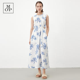 Marc O'Polo/MOP夏季新款好看天然亚麻时尚无袖印花露腰连衣裙女