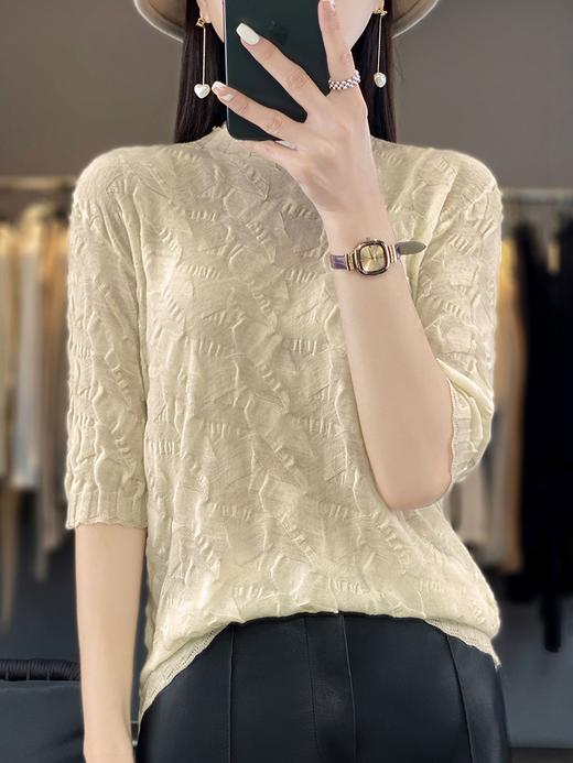 千鸟格褶皱~新款极简肌理感中袖修身气质上衣夏季 商品图0