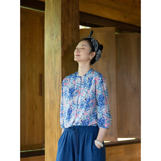 牧衣游原创 80支印花纯棉衬衫新款文艺通勤宽松百搭休闲衬衣 微雨 商品图3