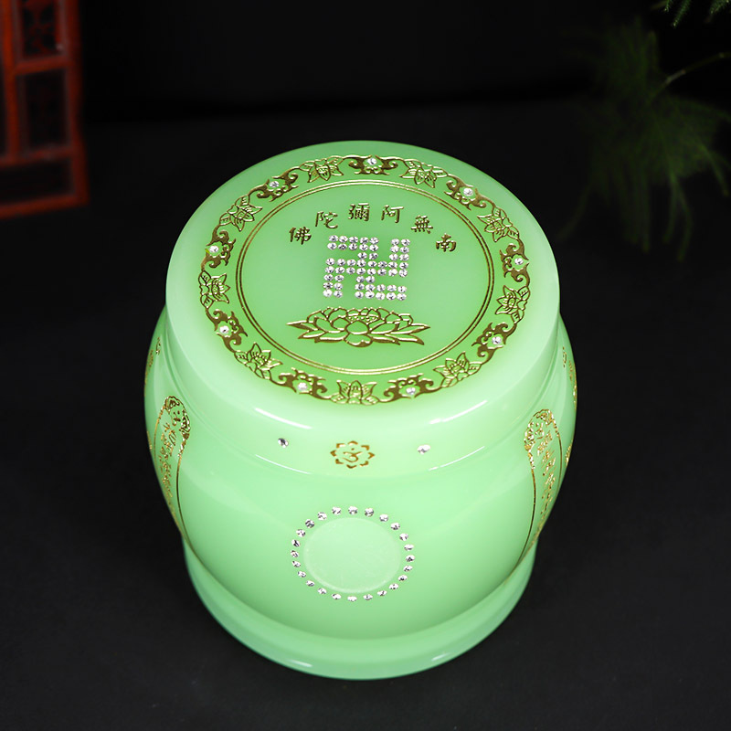 帝王绿琉璃骨灰坛阿弥陀佛万字骨灰桶骨灰坛20*20cm