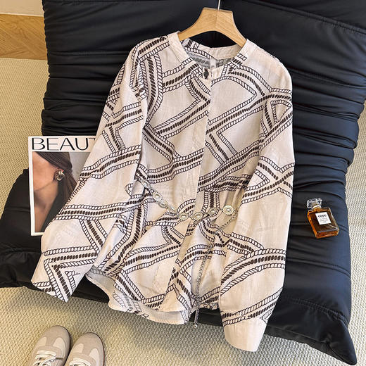 雀说春秋季新款印花长袖立领老钱风女式衬衫几何时尚减龄衬衫ALW 商品图1