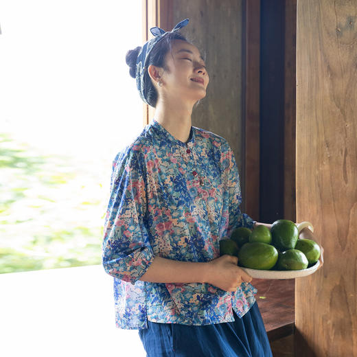 牧衣游原创 80支印花纯棉衬衫新款文艺通勤宽松百搭休闲衬衣 微雨 商品图0