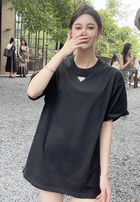 普拉达 三角标logo短袖T恤 黑色 男女同款（DY）