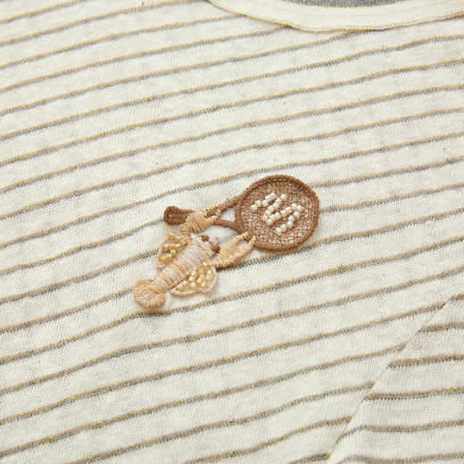 谜底斜条纹T恤短袖2026夏季新品棉麻质感趣味刺绣修身女262MT0614 商品图3