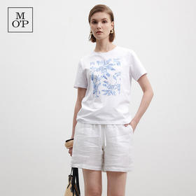 Marc O'Polo/MOP夏季新款好看方块植物印花简约宽松短袖T恤女上衣