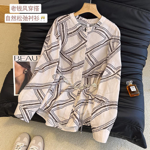 雀说春秋季新款印花长袖立领老钱风女式衬衫几何时尚减龄衬衫ALW 商品图2