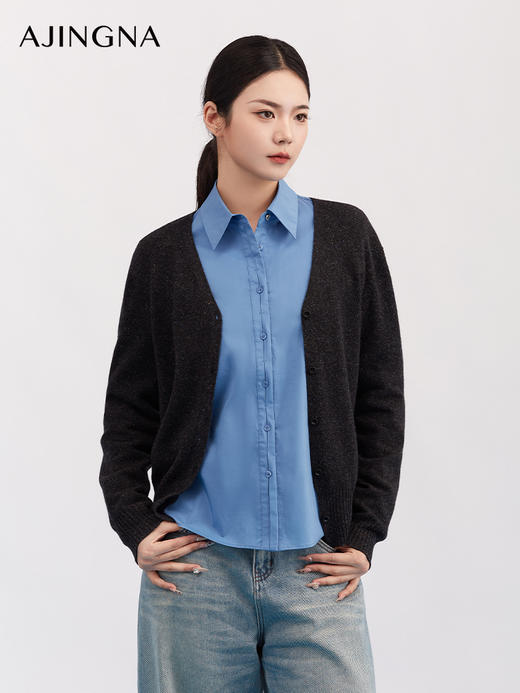【商场同款】阿菁娜春季新款高级灰蓝纱开衫炭灰底夹蓝纱层次感V领A30D318011 商品图1