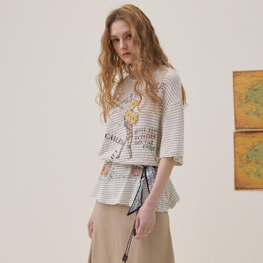 谜底印花T恤短袖2026年夏季新品复古条纹宽松随性休闲女262MT0609 商品图1