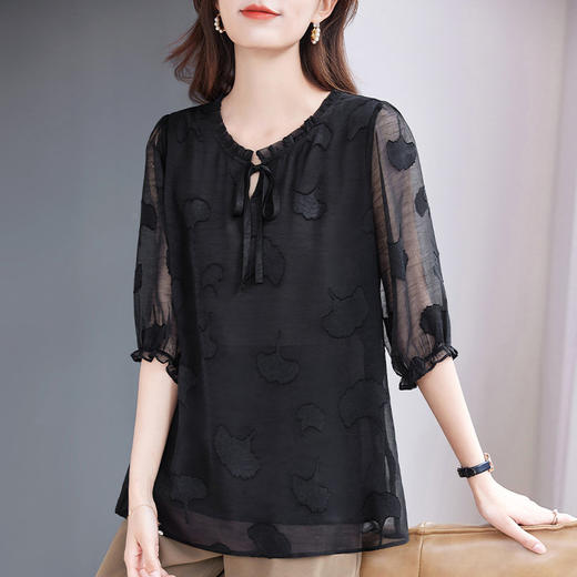 大码七分袖雪纺衫夏2026新款高端女装黑色上衣宽松洋气中袖小衫女 商品图2