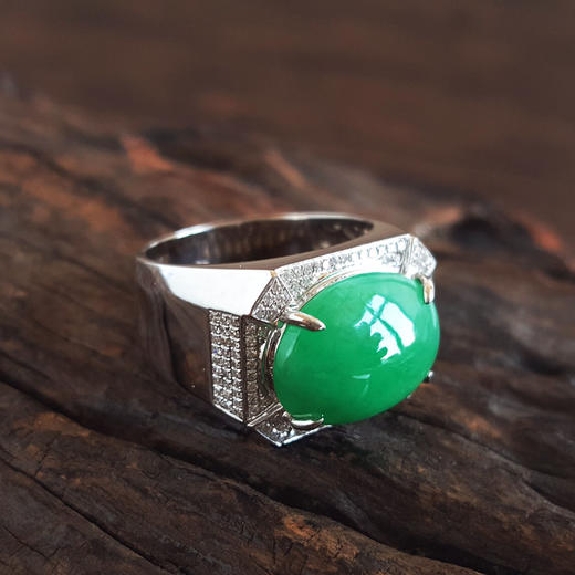 【天然正品】AU750收藏级白金镶钻镶天然细腻满绿糯冰种蛋面翡翠戒指20号（戒圈可改）280226HSD54 商品图3