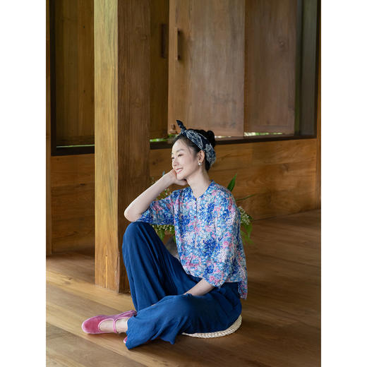 牧衣游原创 80支印花纯棉衬衫新款文艺通勤宽松百搭休闲衬衣 微雨 商品图1