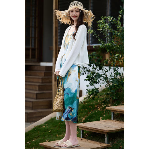 艺术油画吊带裙 米思阳2026春夏新款法式优雅气质缎面连衣裙蓝绿金撞色印花长裙1071 商品图4