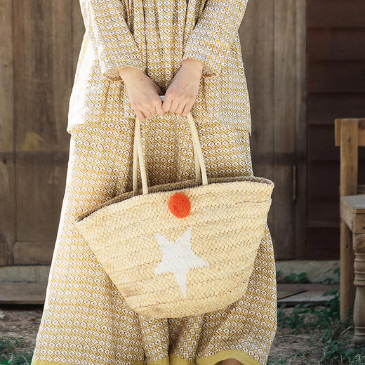 绽放JS026朵/玉米皮大容量大开扣设计编织毛球拼接手提包 商品图0