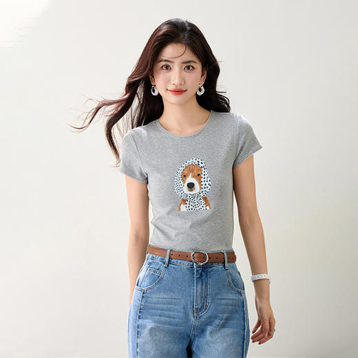 西遇圆领宽松灰色短袖T恤女2026年夏季新款撞色小狗印花休闲上衣SS060228 商品图4